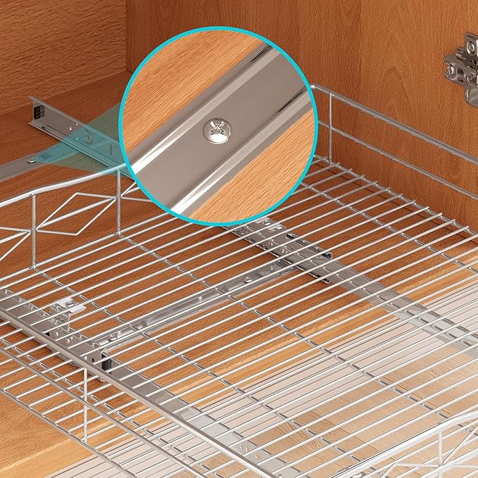 Pull Out Cabinet Organizer, 50LB Load Capacity Bottom-mount Sliding Drawer for Pots and Pans, 14" W x 21" D Under Sink Storage Shelf for Cabinet Opening 15" W x 22" D or Larger, Chrome Finish