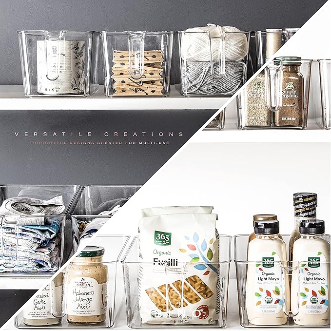 BINO l Plastic Storage Bins l THE HOLDER COLLECTION l 4-Pack, Large Multi-Use Clear Containers for Organizing with Built-in Handles l Pantry Organization & Storage l Kitchen Organizer l Storage Bins