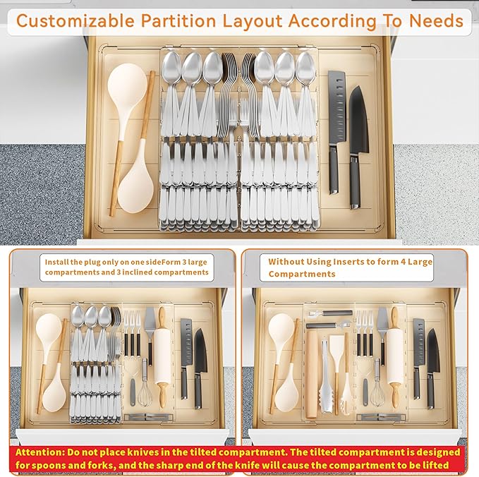 Large Expandable Silverware Organizer, Adjustable From 11'' to 21.3'', Spatula