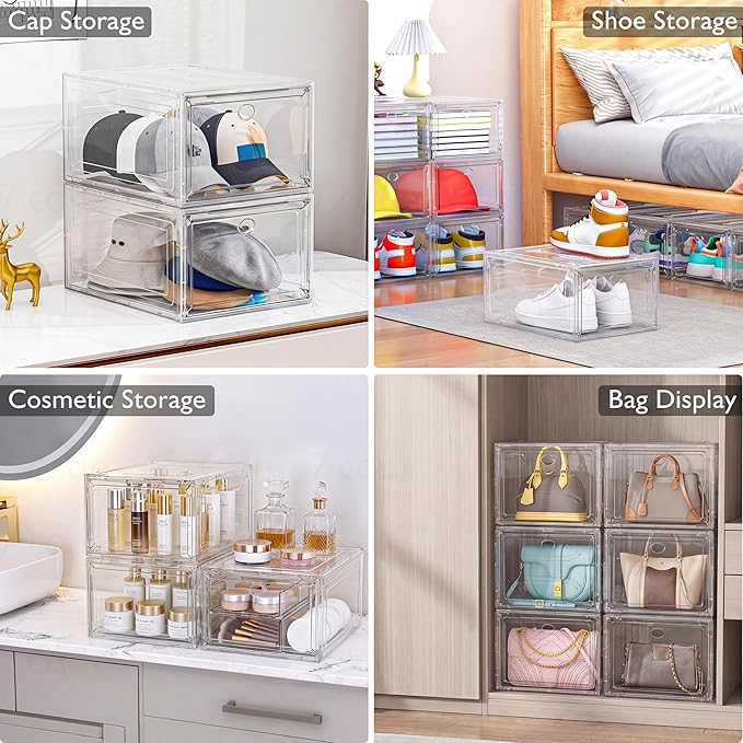 7 code Shoe Organizer, Clear Thickened Stackable Shoe Boxes with Magnetic Door