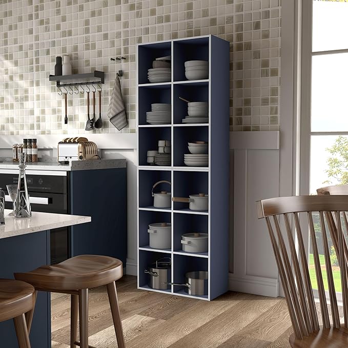 Homes: Inside + Out Apexa 6-Cube Storage Organizer Shelves, Stackable Wood Bookcase Fits Cubby Bins for Organization, Dorm Teen Room Decor & Home Office, Steel Blue