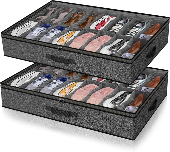 Under Bed Shoe Storage Organizer for Closet, 32 Pairs Sturdy Underbed Shoe Storage Boxes Bins Container Foldable Shoes Storage with Reinforced Handles & Clear Window for College Dorms Grey, Set of 2