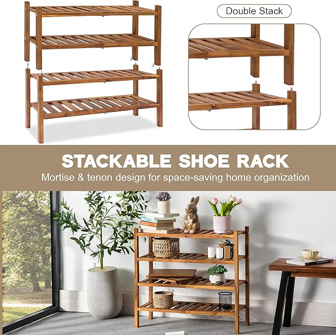 RELAX Natural Acacia Wood 2-Tier Folding Shoe Rack