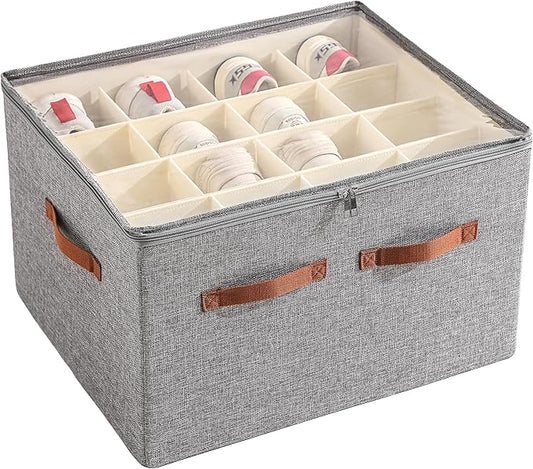 Shoe Organizer for Closet, Foldable Large Shoe Storage Bins with Clear Cover