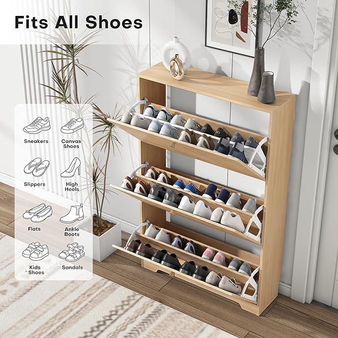 Nicetree Shoe Cabinet with 3 Flip Drawers，Freestanding Shoe Storage Cabinet, Narrow Shoe Organizer Cabinet, Farmhouse Slim Shoe Rack Cabinet for Entryway,Natural Oak with Hook