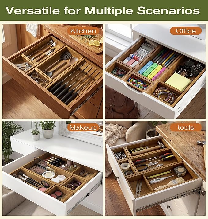 KOCWELL Bamboo Silverware Drawer Organizer with Knife Block, 5 Removable Drawer Organizer Bins - Multi-Use for Kitchen Utensils, Office, Makeup, Tools Storage