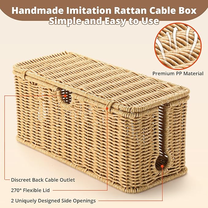 2Pack Large Cable Management Box Black, Handwoven Imitation Rattan Cord Organizer Cord Hider, Desk Cord Management Box to Hide Cords and Power Strips on Desk or Floor