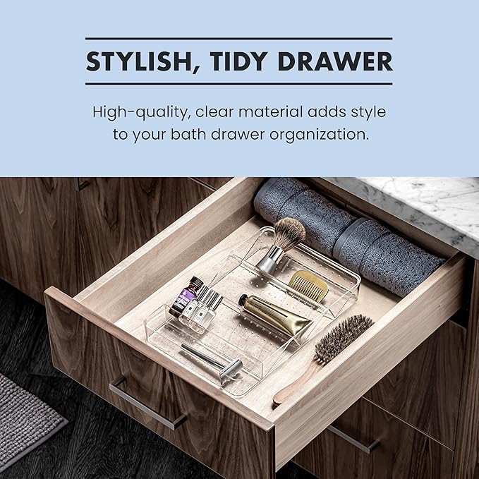 madesmart Angled Storage Tray, Make-up Bathroom Organizer, Lipstick, Razors, Q-Tips, Bath Essentials Angled for Easy-Viewing, Large, Clear