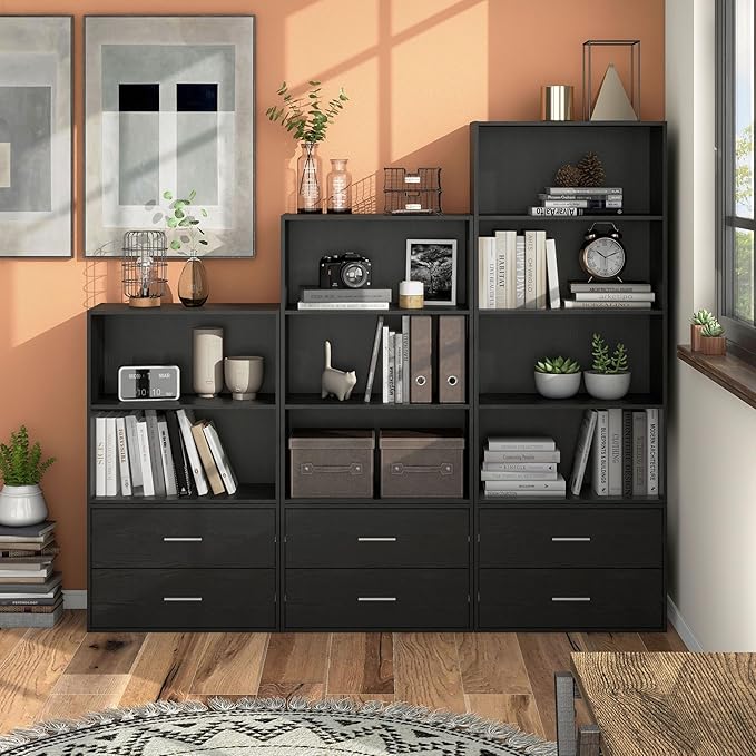 Homes: Inside + Out Apexa 3-Tier Cube Storage Organizer Shelves, Stackable Wood Bookcase Fits Cubby Bins for Organization, Dorm Teen Room Decor & Home Office, Black