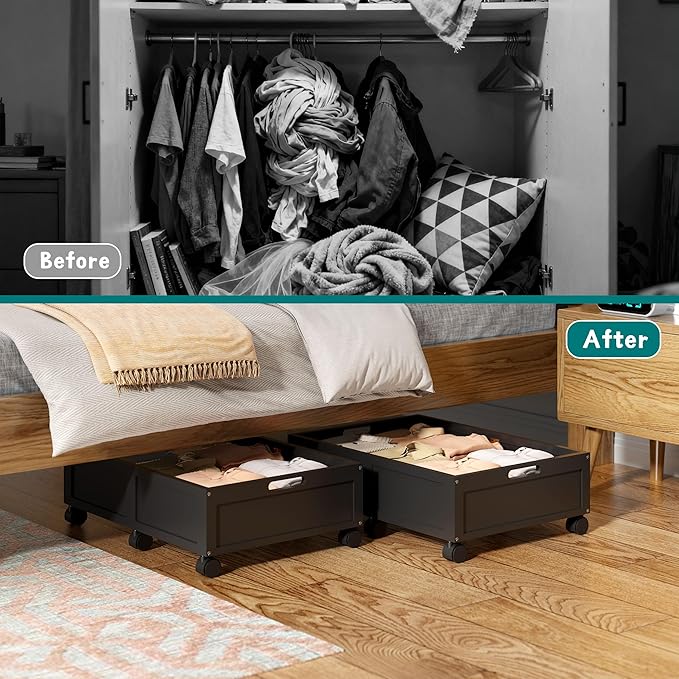 WISUCART Wood Under Bed Storage Containers Underbed Organizer with Wheels Sturdy Wood Rolling Under Bed Shoe Storage Organizer 2 Packs (Black, Small)