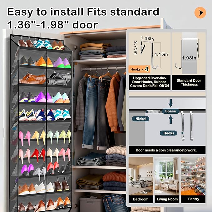 Kotkn 10-Tier Over the Door Shoe Organizer, 20 Pockets Holds 20-30 Pairs, Heavy-Duty Oxford Fabric with Hexagon Mesh for Boots & Sneakers-Dark Gray