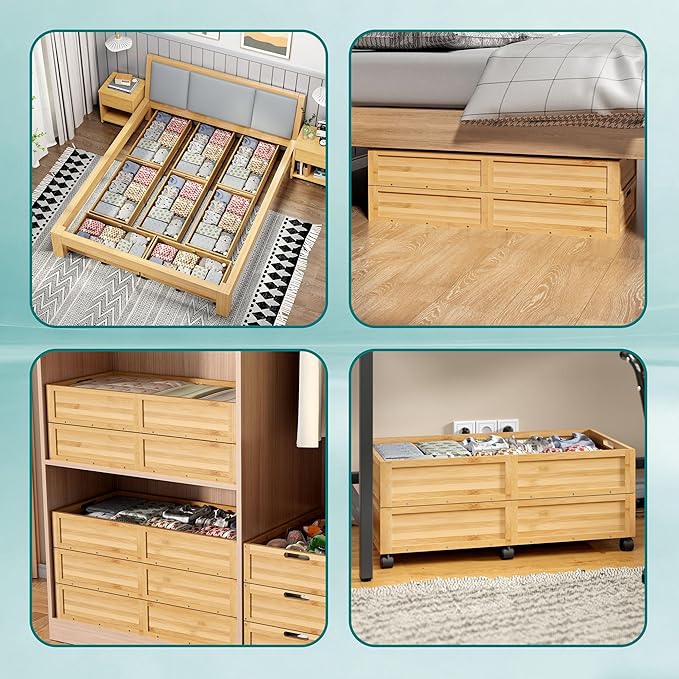 WISUCART Wood Under Bed Storage Containers Underbed Organizer with Wheels Sturdy Wood Rolling Under Bed Shoe Storage Organizer 2 Packs (Nature, Large)