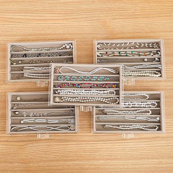 5 Drawerss Necklace Organizer Box, Tray with Clear Lid, Dustproof Velvet Necklaces Holder Storage Display Case, Gery Necklace Tray Drawer Insert for Pendant Suitable for Women and Girls (25 grids)