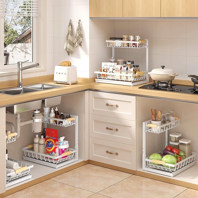 Sevenblue 2 Packs Under Sink Organizer, Height Adjustable 2 Tier Under Kitchen Sink Organizer, Multi-Purpose Storage Shelf for Kitchen Bathroom Cabinet