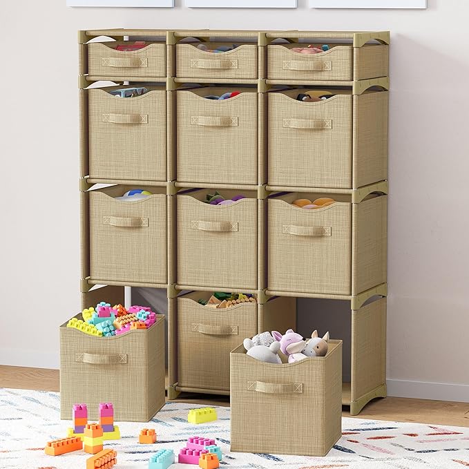 Cube Storage Organizer with Storage Bins Included - The Perfect Closet Organizers and Storage Solution. Includes 12 Storage Cubes, Great For Toy Storage, Closet Storage, Clothes Storage (Beige)