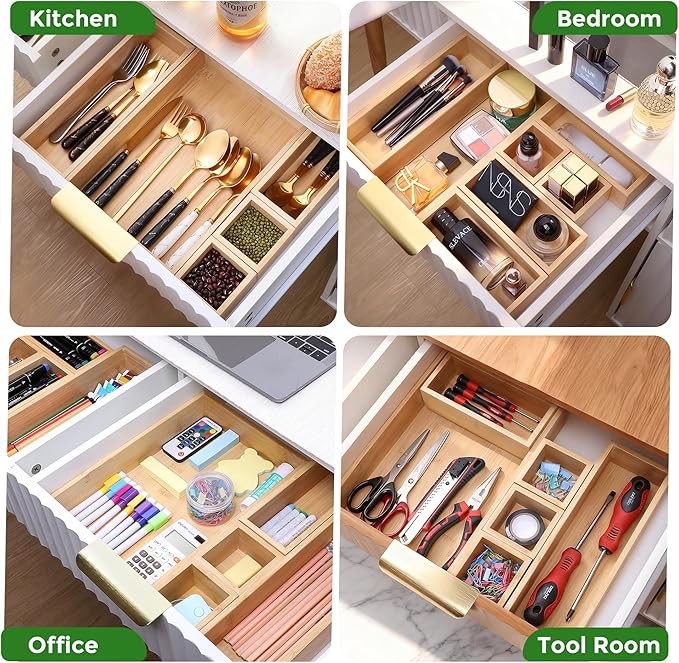 Bamboo Drawer Organizer Set, 14 PCS Multi-Use Individual Wood Storage Organizers