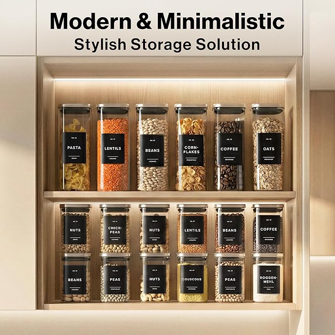 EDELHAUS Square Glass Storage Containers with Stainless Steel Lids 12-Pack (4x 30 oz, 8x 17 oz) Glass Storage Jars with Lids for Food, Stackable Glass Kitchen Canisters with 114 Labels for Pantry