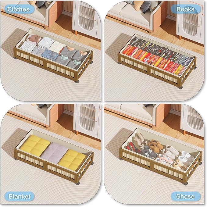 2-Pack Bamboo Under Bed Storage with Wheels, Brown