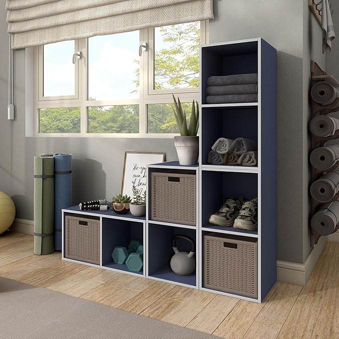 Homes: Inside + Out Apexa 2-Cube Storage Organizer Shelves, Stackable Wood Bookcase Fits Cubby Bins for Organization, Dorm Teen Room Decor & Home Office, Steel Blue