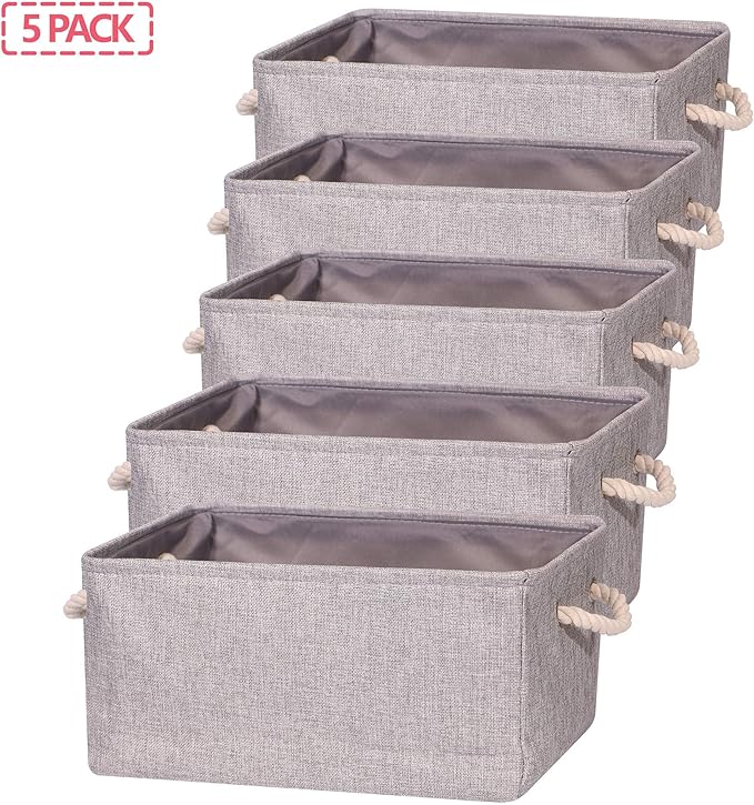 TENABORT 5 Pack Large Storage Basket Bin, Foldable Storage Cube Box Canvas Fabric Collapsible Organizer with Handles for Closet Home Office Clothes Shelf, Grey