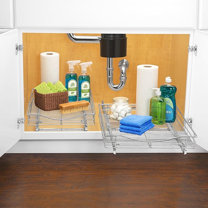 LYNK PROFESSIONAL® Pull Out Cabinet Organizer, 17" x 21" Slide Out Cabinet Organizer Pull Out Drawer – Pull Out Shelves for Kitchen Cabinets – Under Sink Organizers - Lifetime Ltd. Warranty, Chrome