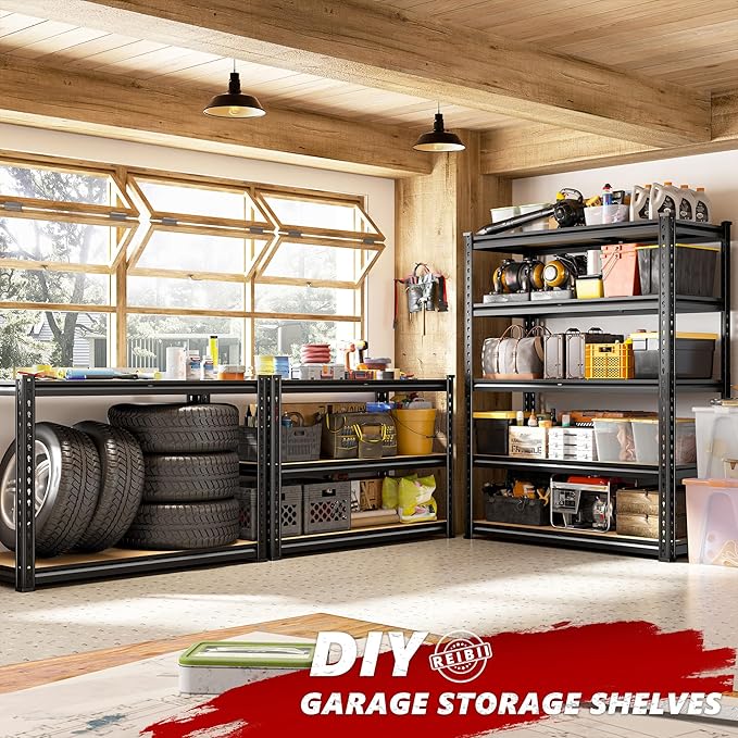 REIBII 2400LBS Storage Shelves 5 Tier Garage Shelving Heavy Duty Adjustable Garage Shelves, Utility Rack Shelf, Shelving Units for Storage Warehouse Pantry Closet, 35.5" W x 11.9" D x 72" H, 3 Pack