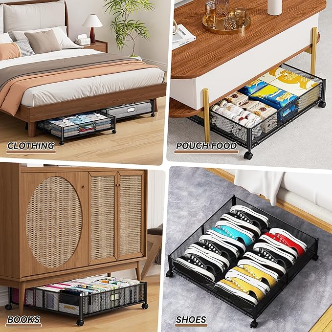 PHINOX Under Bed Storage Containers with Wheels - Shoe Storage Organizer Drawer, Tool-free Assembly Metal Underbed Storage for Bedroom Clothes, Shoes, Blankets - 4Pack