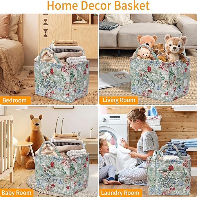 Quilted Fabric Storage Baskets with Handles, Boho Floral Gift Basket Foldable Organizer Bin for Home Decor, Picnic, Travel 12''x10''x10'' (Ivory)