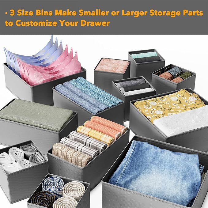 Drawer Organizer Clothes, 12 Pack Dresser Organizer Bins for Nursery, Grey