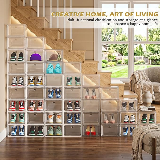 7 code Shoe Organizer, Clear Thickened Stackable Shoe Boxes with Magnetic Door