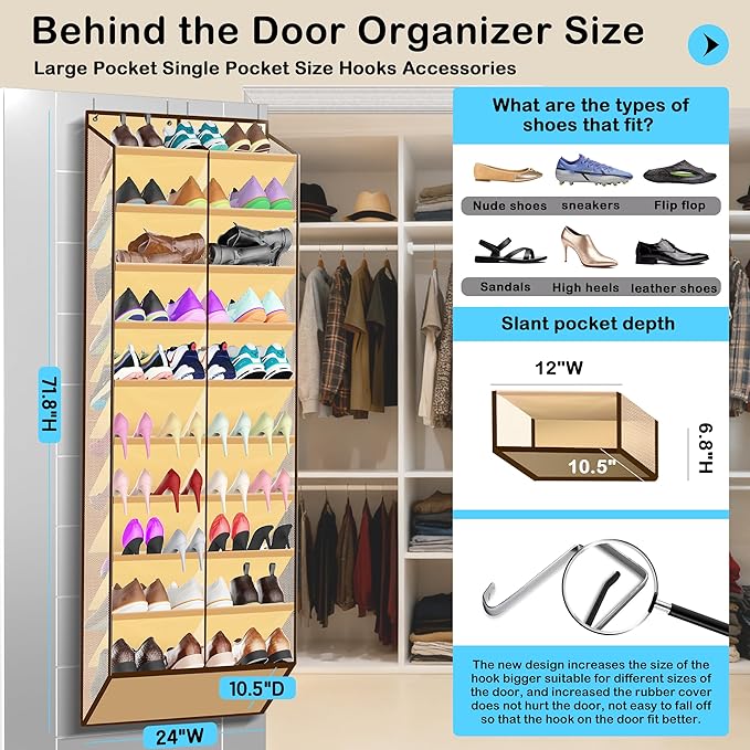 Kotkn 10-Tier Over the Door Shoe Organizer, 20 Pockets Holds 20-30 Pairs, Beige