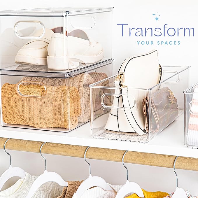 primebox Plastic Food Storage 1 Pack Clear Container Bin with Handles for Organizing Kitchen, Pantry, Refrigerator, Freezer, Pantry, Cabinet, Closet, Bathroom. 16”x6”x5”
