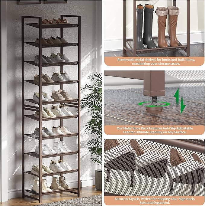 10 Tier Shoe Rack, Tall Metal Shoe Storage with Adjustable Shelves