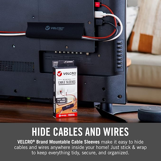 VELCRO Brand VEL-30797-USA Mountable Cable Sleeve | Cord Management Mounts on Walls, Desk or Entertainment Center | Removable Adhesive is Damage Free | 12in Black, 2pk, 12in-2Pk