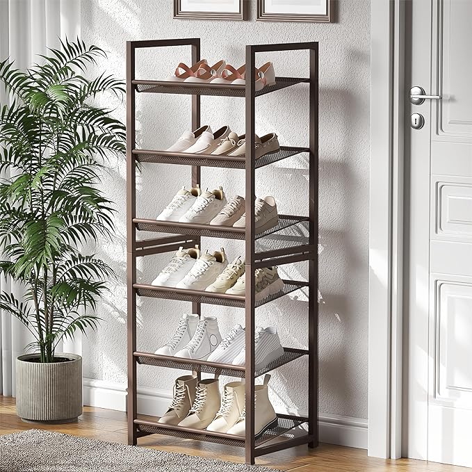6 Tier Shoe Rack, Stackable Shoe Storage with Mesh Shelves, Holds 12-15 Pairs, Metal Shoe Organizer for Entryway Closet Garage, Bronze