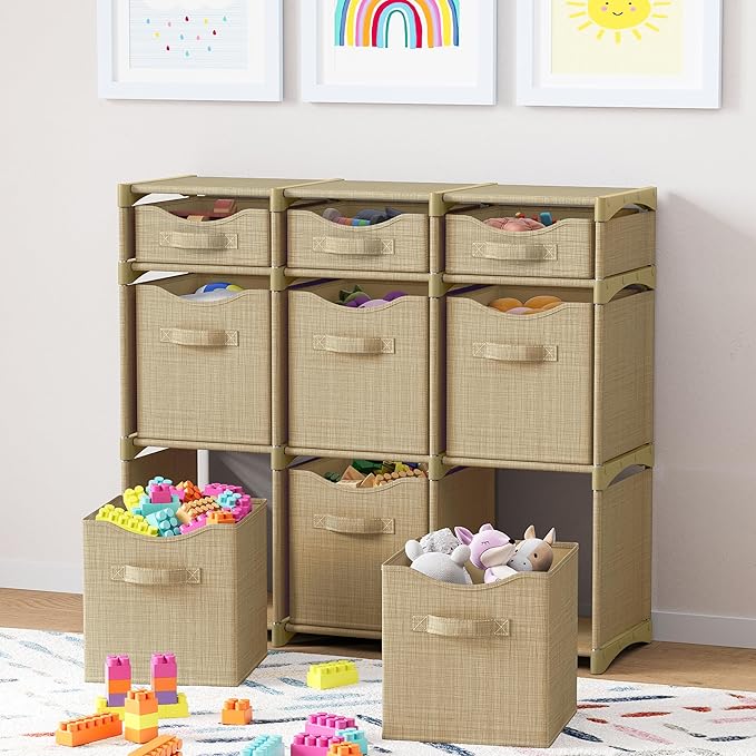 Cube Storage Organizer with Storage Bins Included - The Perfect Closet Organizers and Storage Solution. Includes 9 Storage Cubes, Great For Toy Storage, Closet Storage, Clothes Storage (Beige)