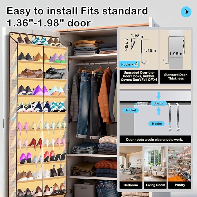 Kotkn 10-Tier Over the Door Shoe Organizer, 20 Pockets Holds 20-30 Pairs, Beige