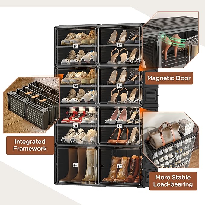 Vipbox Black Shoe Rack Organizer Cabinet for Closet Entryway,Clear Shoe Storage Boxes Stackable Sneaker Storage with Door Easy Assembly Shoe Cabinet with Lids Large 7 Tiers 28 Pairs