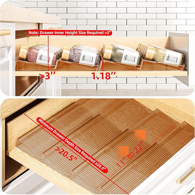 PanPanPal 8 Packs Spice Drawer Organizer, 2-Tier Acrylic Drawer Seasoning Organizer, Expandable From 11'' to 22'' Kitchen Spice Rack Organizers and Storage for Drawer (Jars not included), Amber