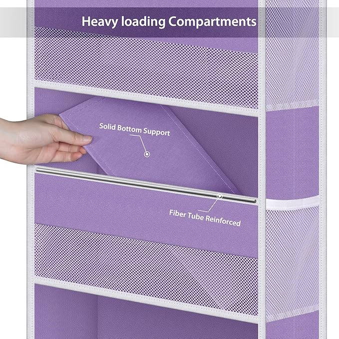 Univivi 5-Shelf Over The Door Hanging Organizer, Back of Door Organizer With 5 Compartments 6 Side Pockets for Baby Bedroom and Bathroom Storage (Purple)