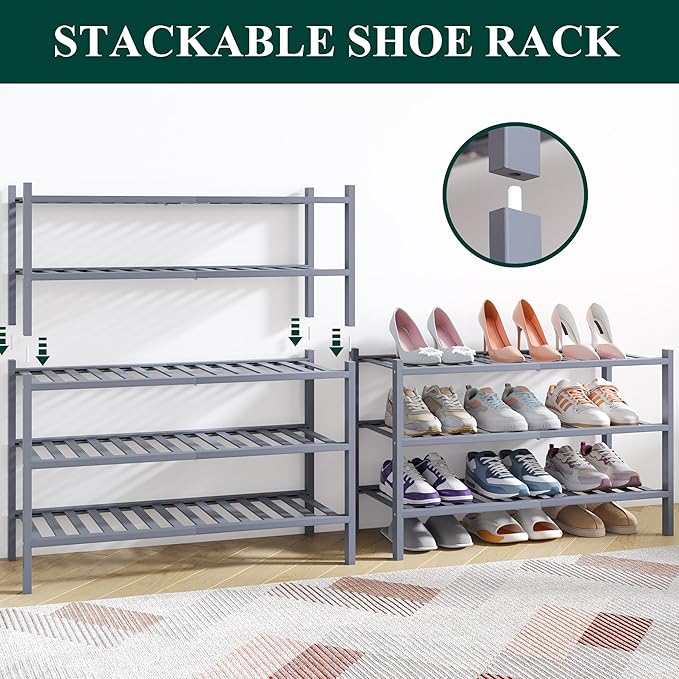 Smiry Bamboo Shoe Rack for Closet, 4 Tier Wooden Shoe Organizer, Stackable Wood Shoe Storage Shelf for Entryway, 14 Vertical Slats, 2+2 Stack Heavy-Duty Legs, 26.77"x11.02"x25.98", Grey