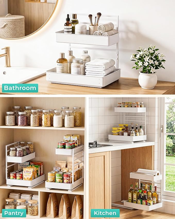 EVERIE Metal Pull Out Slide Shelf Organizer for Framed or Frameless Under Sink CabinetsOrganization in Kitchen, Bathroom, Counter, Cabinets (White, 1 Set)