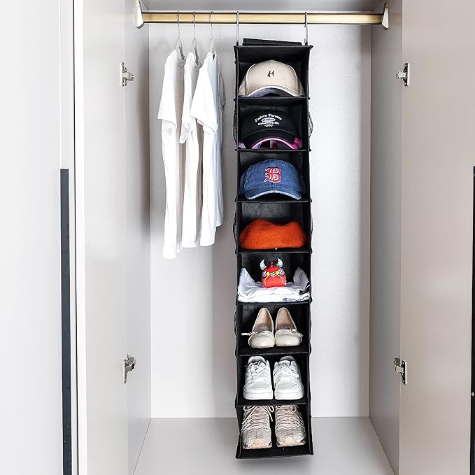 Berdeng Hanging Shoe Organizer for Closet with Side Mesh Pockets，Hat Racks for Baseball Caps，Shoe and Hat Holder & Storage，8-Shelf，Black，2 Pack