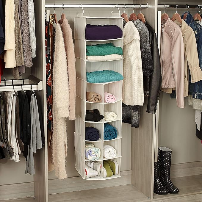 Household Essentials Hanging Shoe Organizer, Natural Canvas, Clothes Storage, 10 Pockets and 3 Shelves, Collapsible, Cream