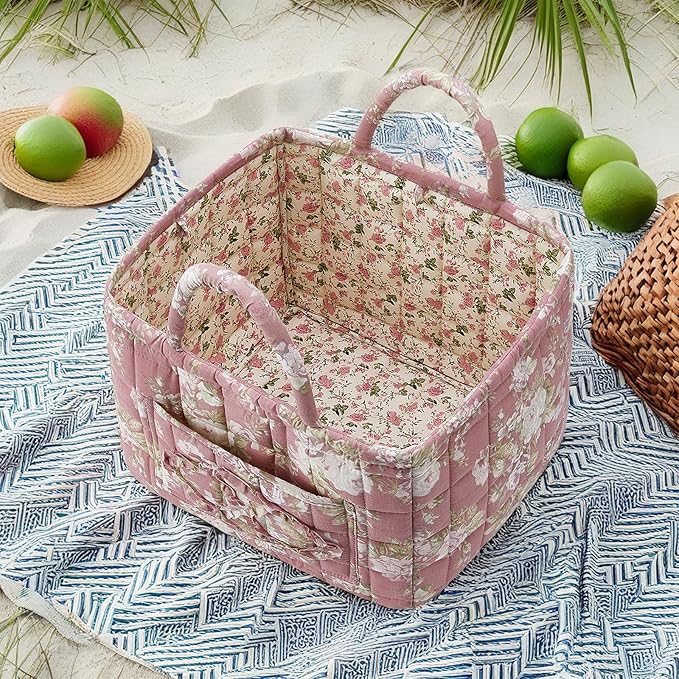 Fabric Baskets for Storage - Quilted Boho Floral Basket with Handles, Foldable Organizer for Home, Office, Clothes, Blankets, Books or Toys - 12'' x 10'' x 10''(Multi)