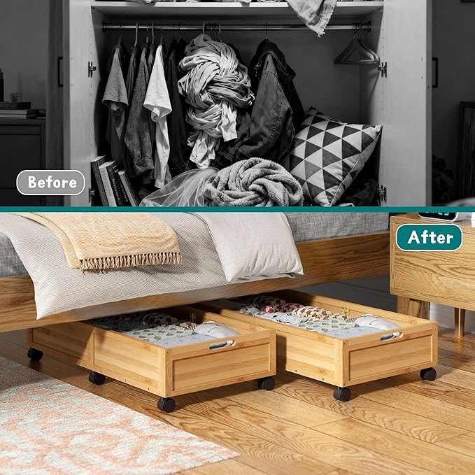 WISUCART Wood Under Bed Storage Containers Underbed Organizer with Wheels Sturdy Wood Rolling Under Bed Shoe Storage Organizer 2 Packs (Nature, Large)