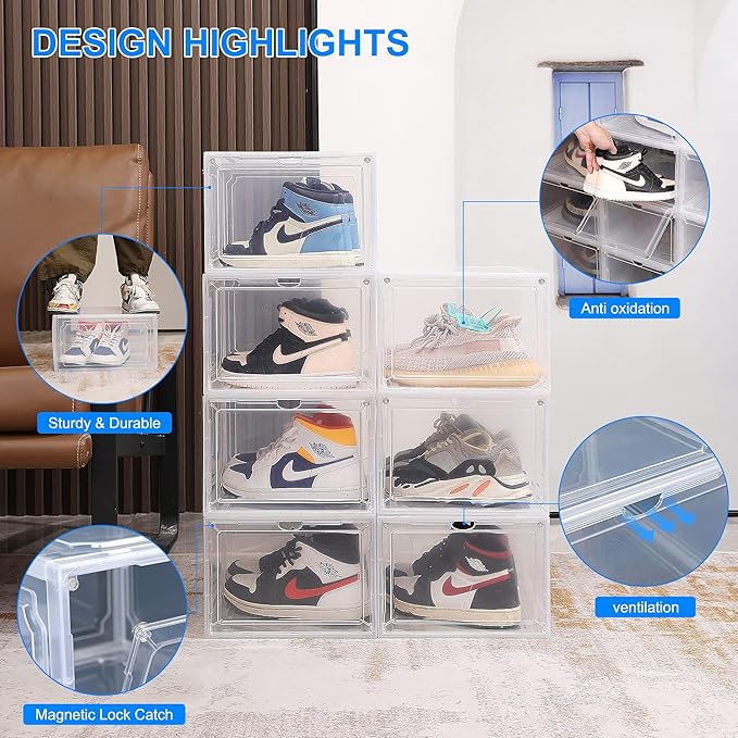 HIYOHIYO Size 14 Shoe Boxes Clear Plastic Stackable, Sneaker Containers Magnetic Shoes Storage Box Foldable Drop Front Organizer Shoes Cases for Home Display Bins 1 Pack (14.2"x 11"x 7.9")