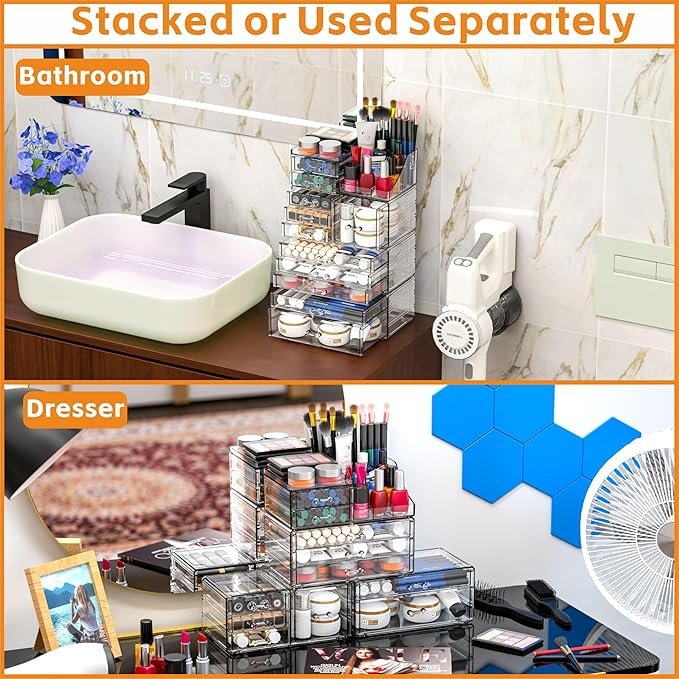 Acrylic Clear Makeup Organizer Countertop,Stackable Skincare Organizer for Vanity With 11 Drawer,Large Plastic Desk Accessories Organization,Bathroom Cosmetic Organizer Countertop for Beauty,Skin Care
