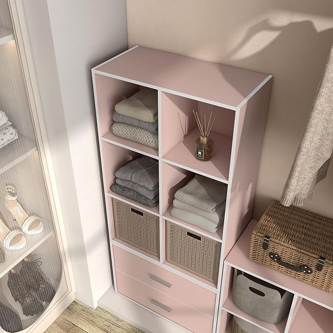Homes: Inside + Out Apexa 6-Cube Storage Organizer Shelves, Stackable Wood Bookcase Fits Cubby Bins for Organization, Dorm Teen Room Decor & Home Office, Light Pink