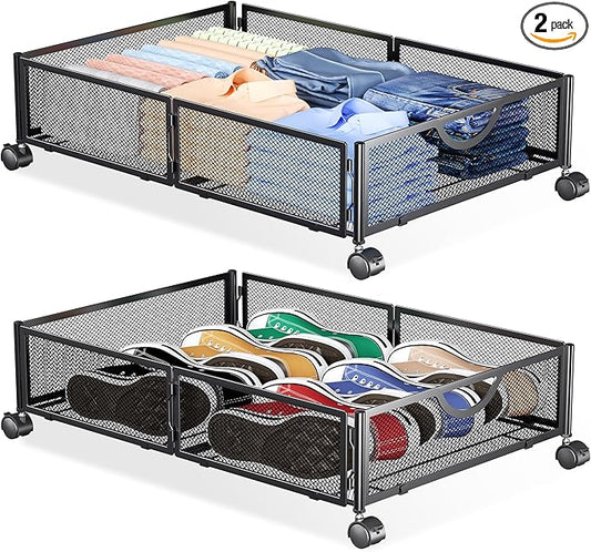 Yecaye Under Bed Storage with Wheels, 2 Pack Under Bed Shoe Storage Organizer Drawer, Tool-free Assembly Metal Underbed Storage Containers for Clothes, Shoes, Toys, Black